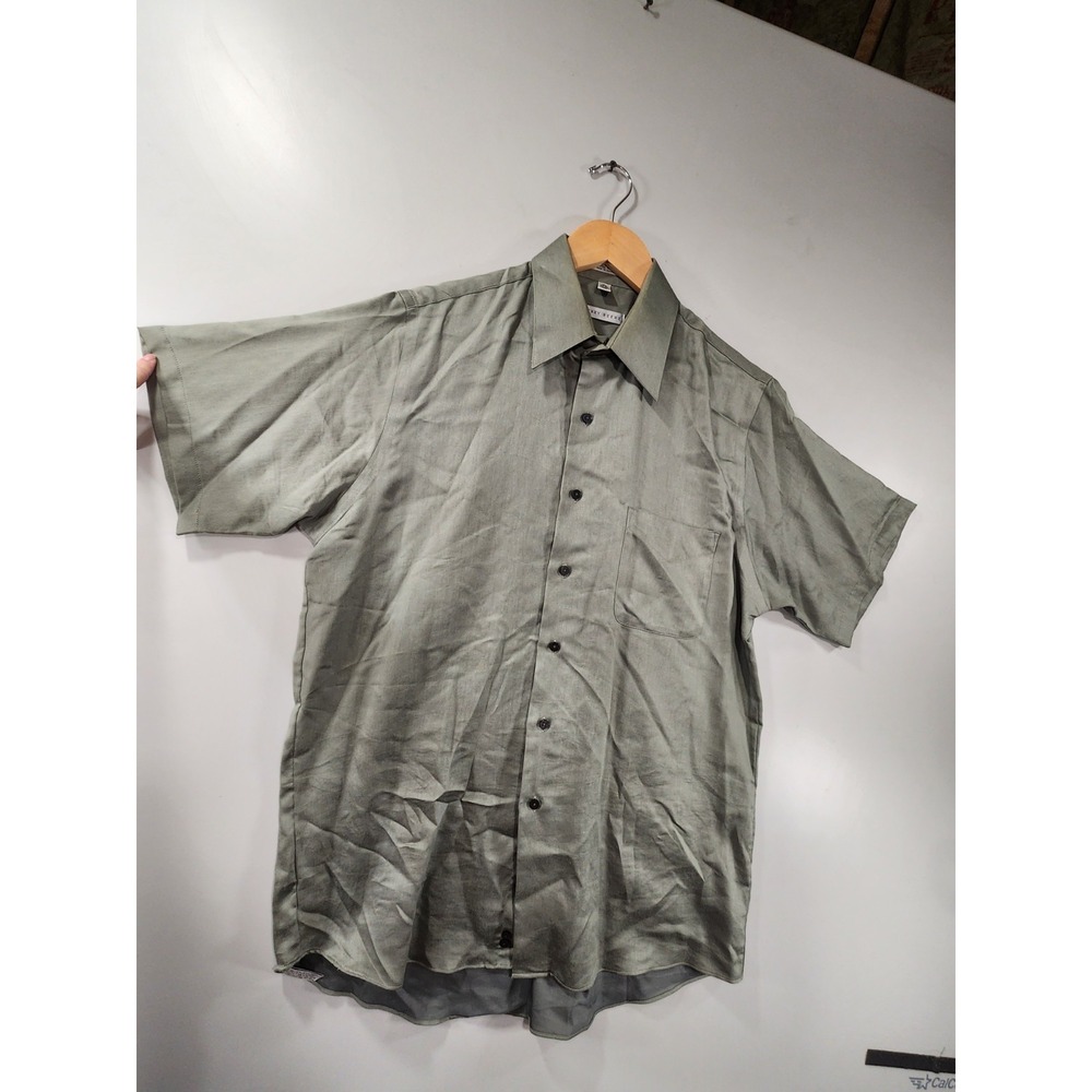 Geoffrey Beene Mens Short Sleeve Button Shirt 35/36 15 1/2 Solid Grey/Olive